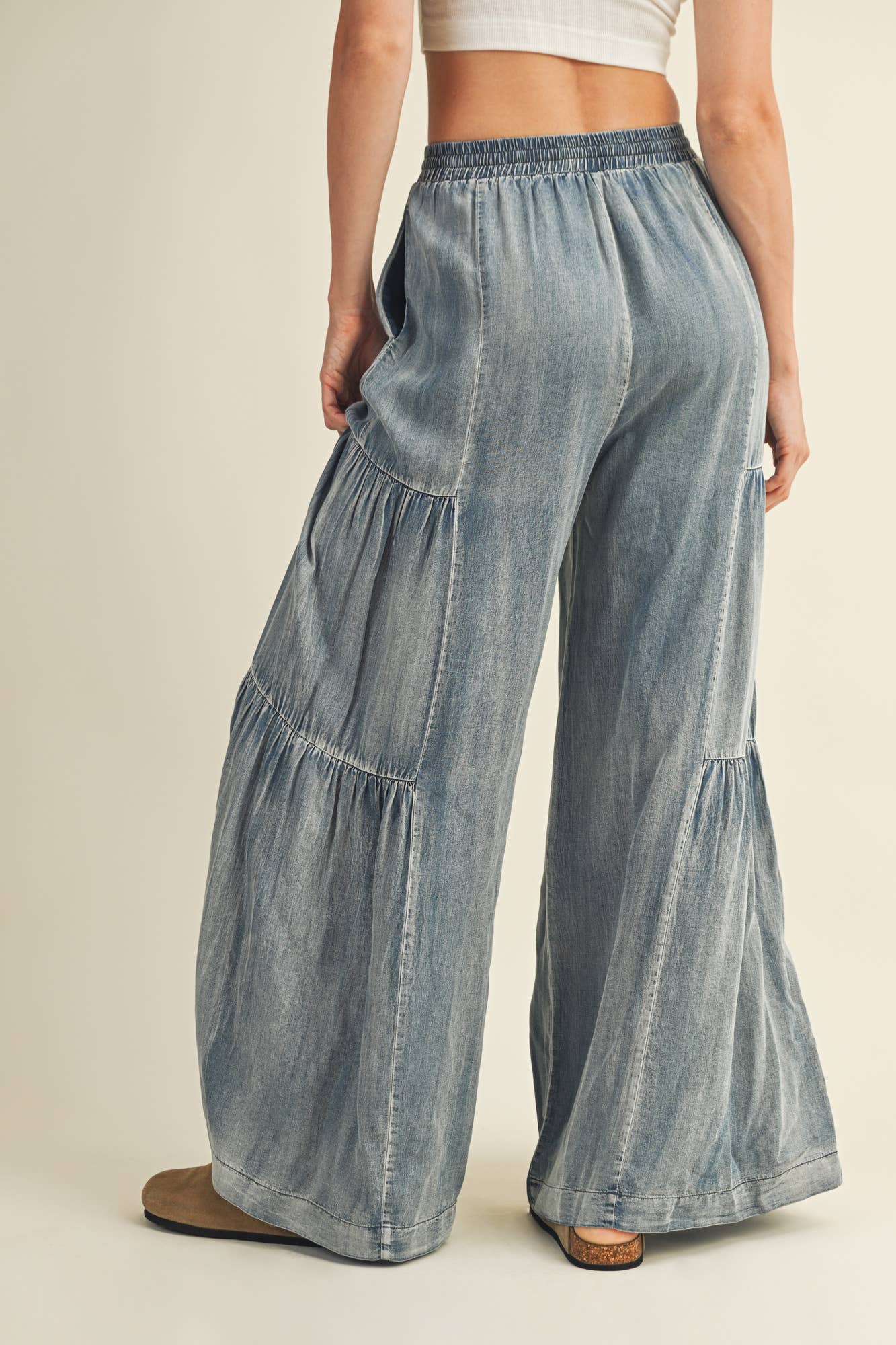 MUSTARD SEED RUFFLED SIDE WASHED DENIM WIDE PANTS
