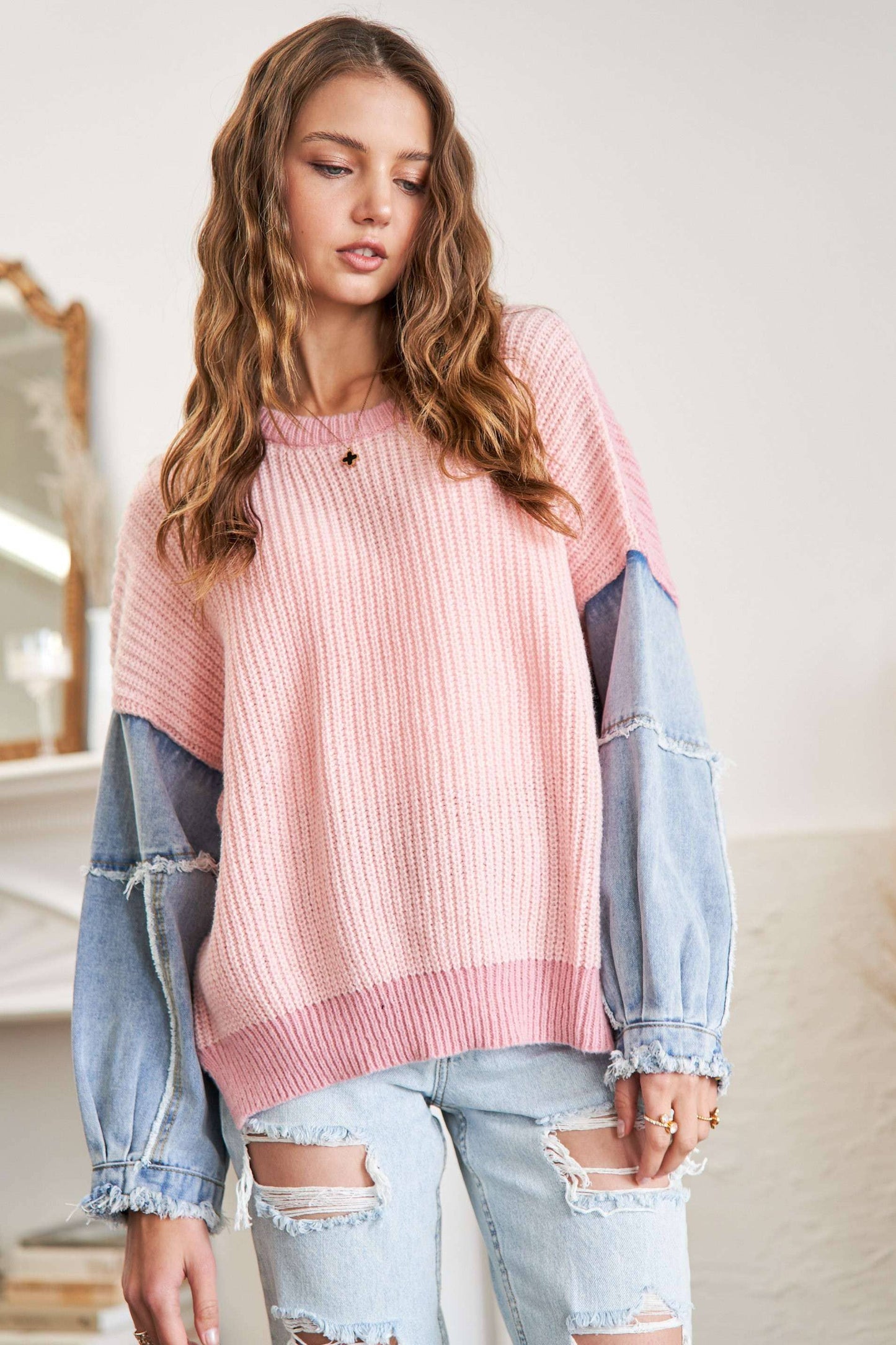 ADORA LA COLORBLOCK SWEATER TOP DENIM SLEEVE - CESW3192