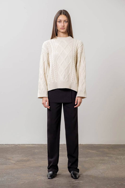 MOON RIVER CABLE KNIT SWEATER WITH DENIM DETAIL