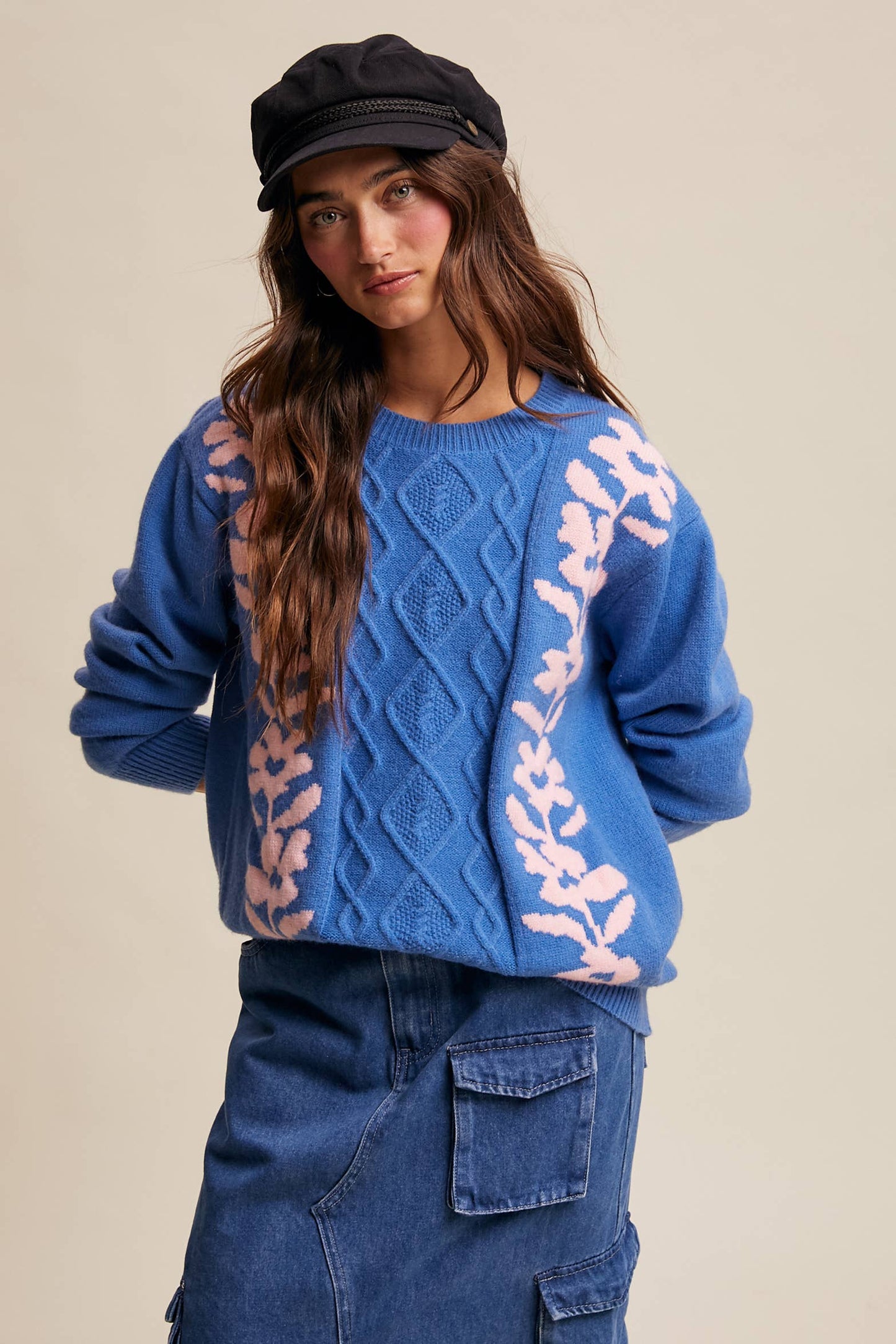 Floral Panel Cable Knit Sweater By Listicle