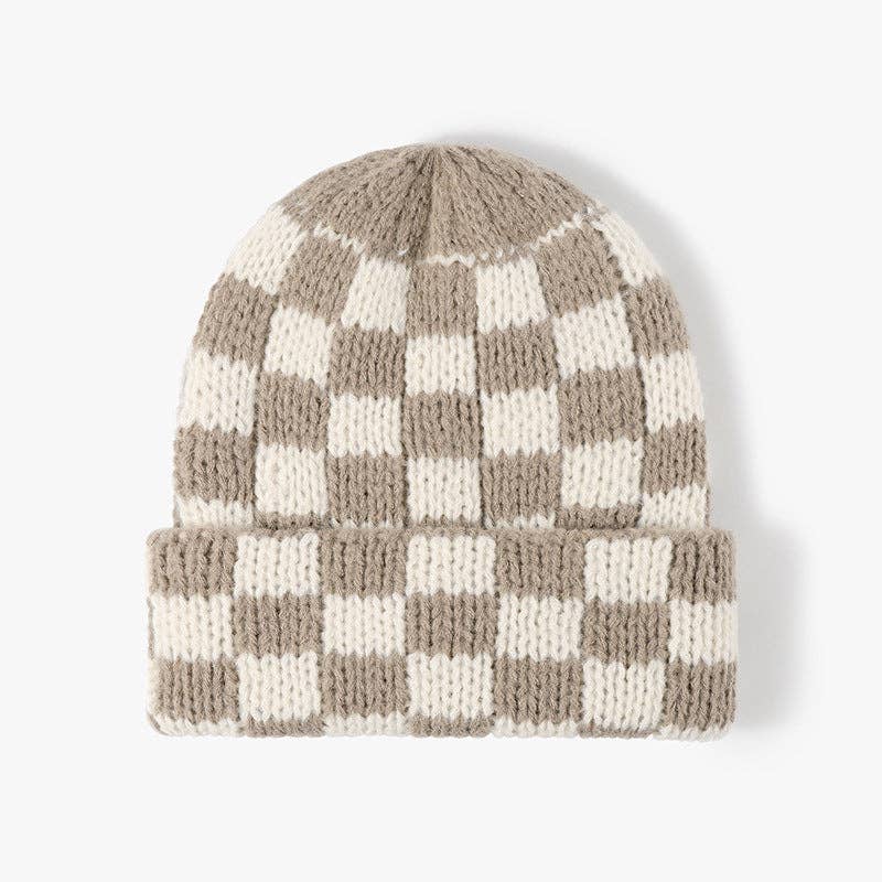Plaid Contrast Color Warm Knit Beanie DPKB3019