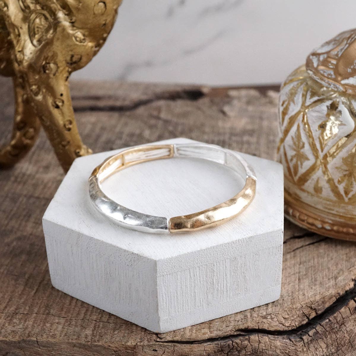 Boho Stretchy Minimalist Bangle Raw Textured Worn Gold and Silver tones