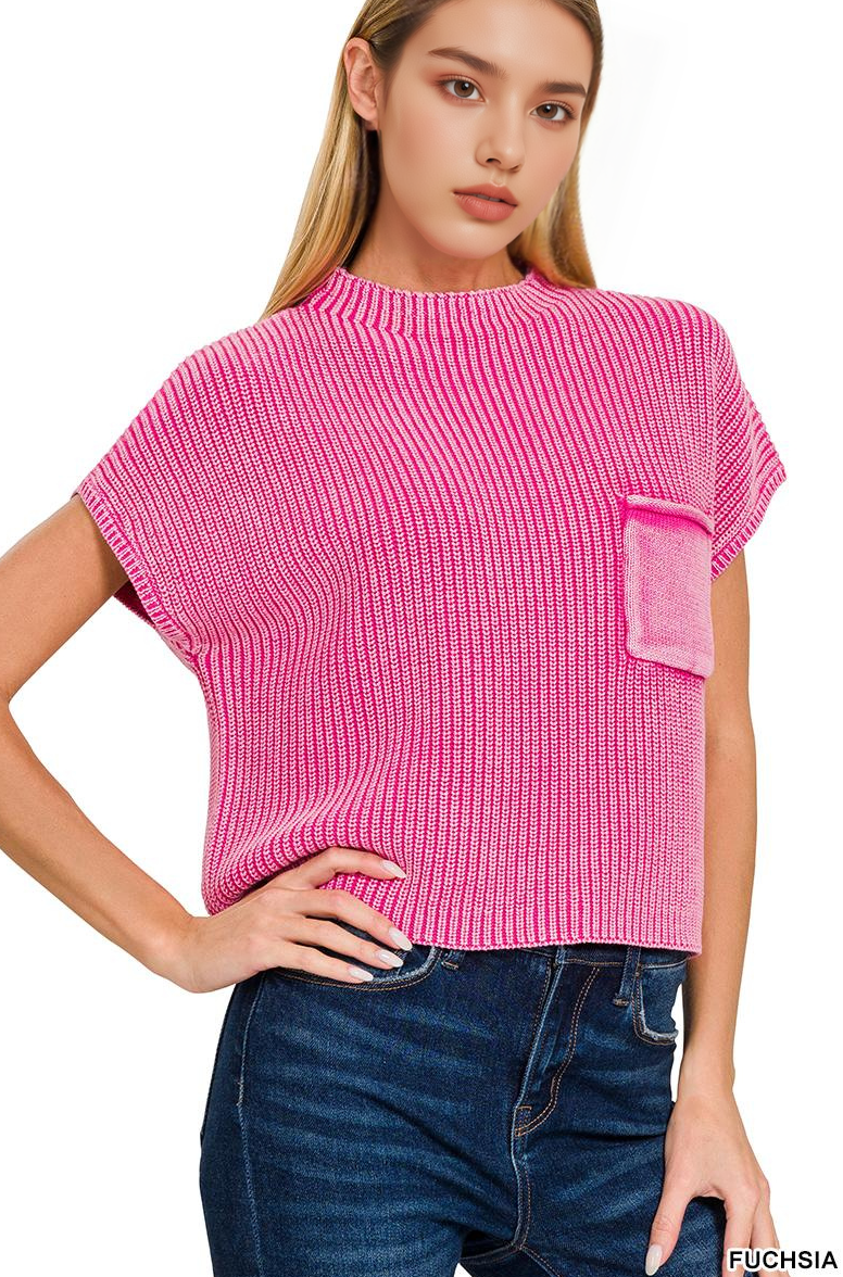 Washed Mock Neck Short Sleeve Sweater