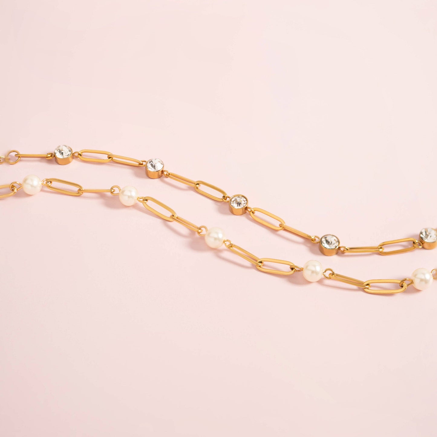 WJW 18K Gold PVD Steel Station Pearl Paperclip Chain Bracelet