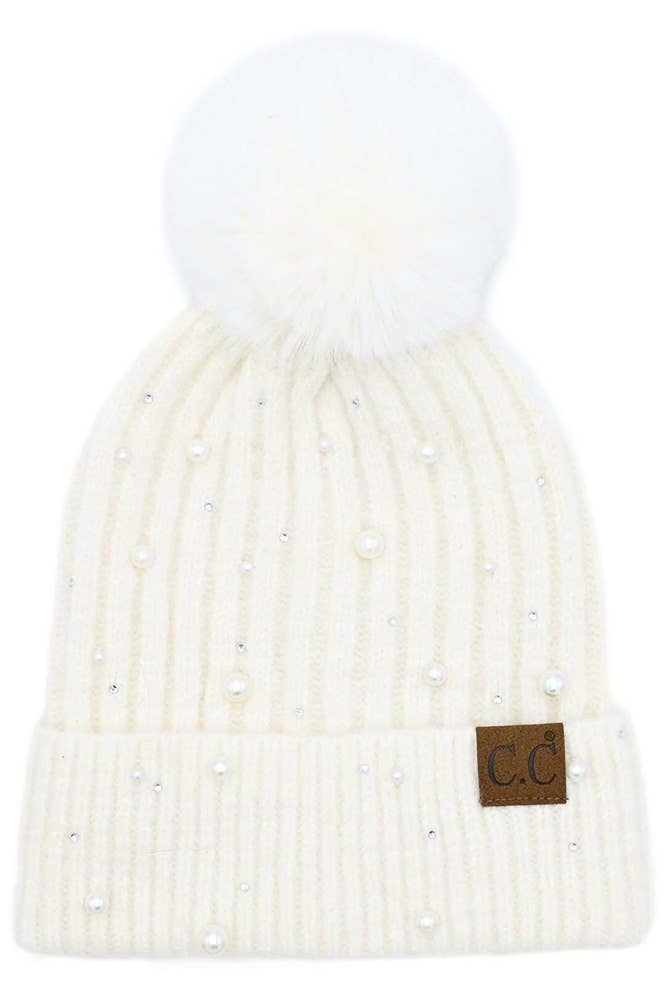 C.C Pearl Embellishments Pom Beanie