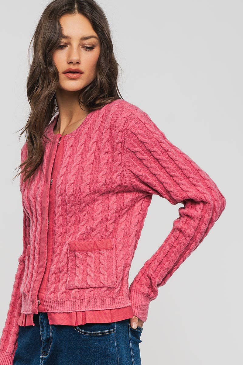 Urban Daizy Cable Knit Snap Front Ribbed Trim Long Sleeve Sweater