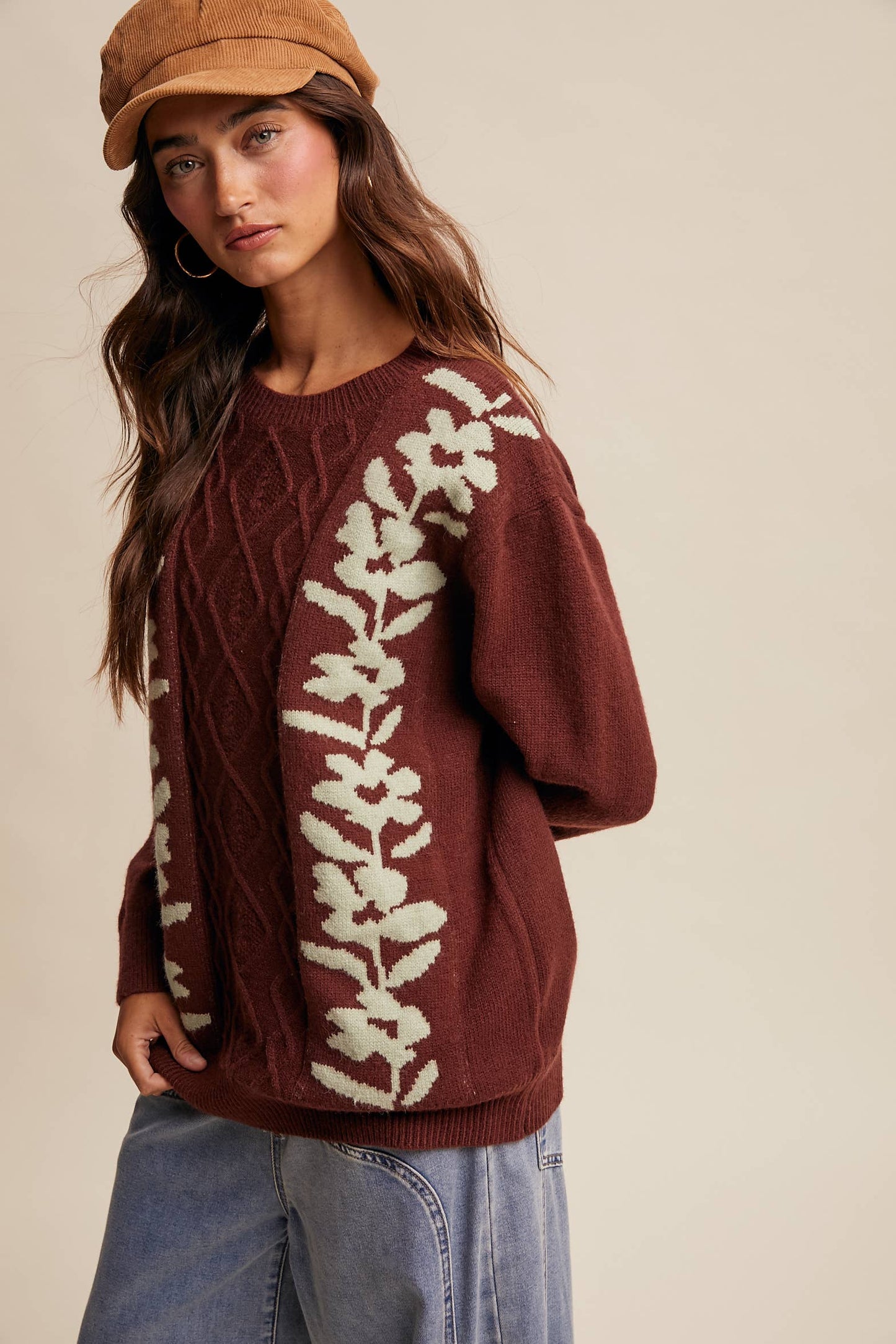 Floral Panel Cable Knit Sweater By Listicle