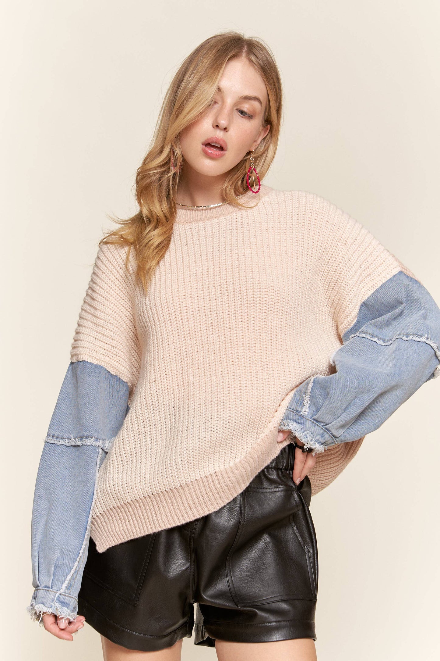 ADORA LA COLORBLOCK SWEATER TOP DENIM SLEEVE - CESW3192