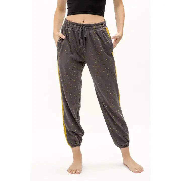 Mystree Terry Charcoal Jogger Mustard Lined, Side Pockets & Stripe