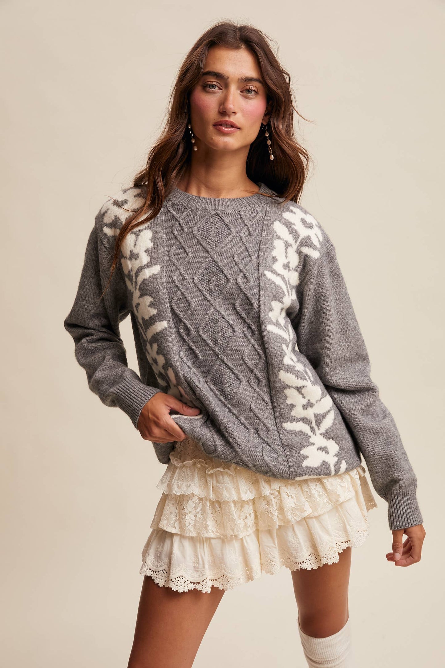 Floral Panel Cable Knit Sweater By Listicle