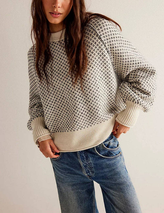 Jacquard Round Neck Pullover Sweater