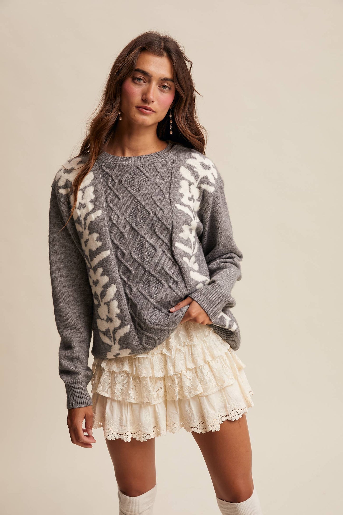 Floral Panel Cable Knit Sweater By Listicle