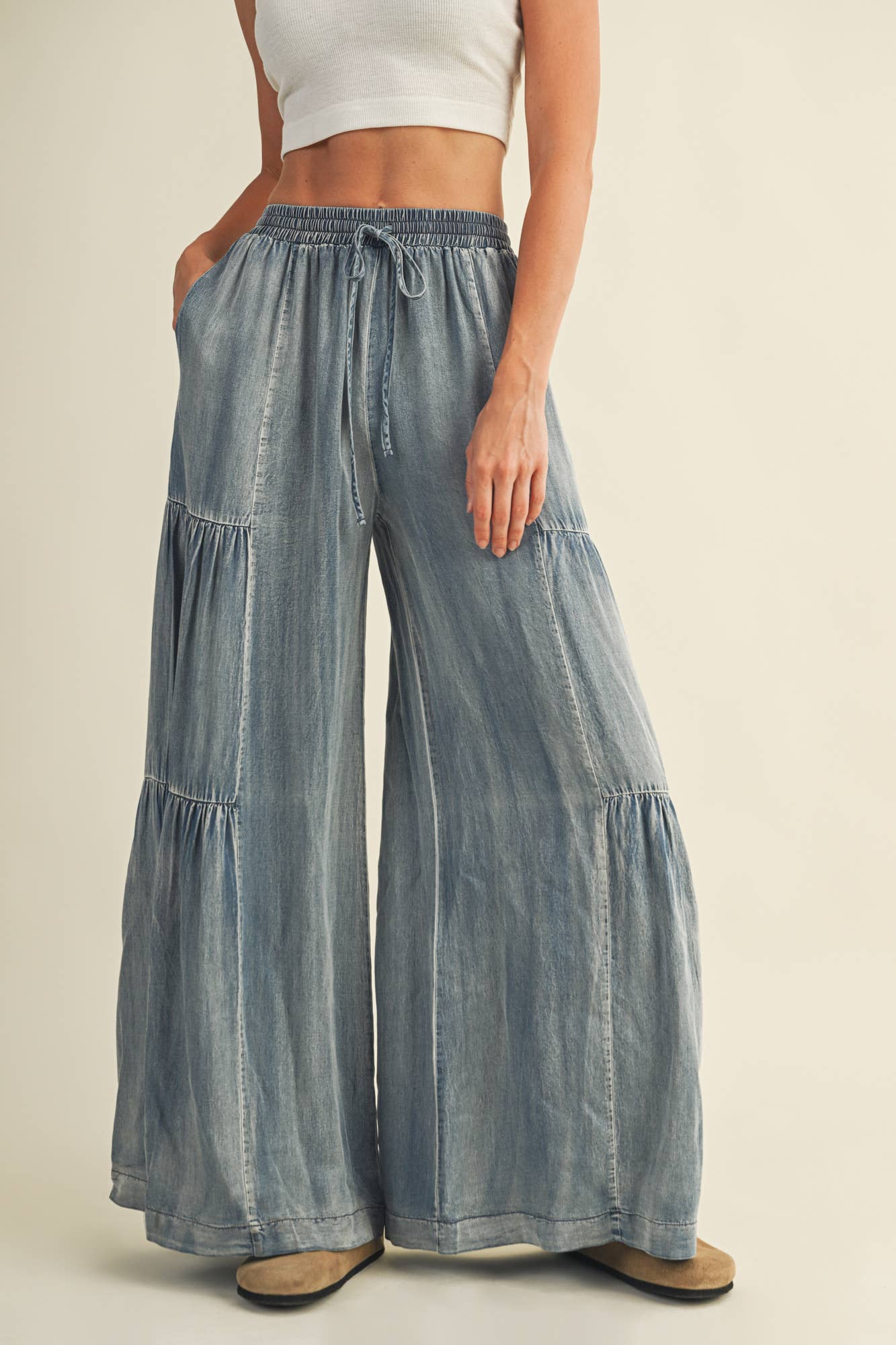 MUSTARD SEED RUFFLED SIDE WASHED DENIM WIDE PANTS