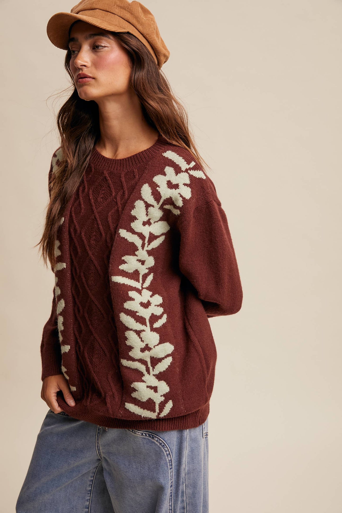Floral Panel Cable Knit Sweater By Listicle