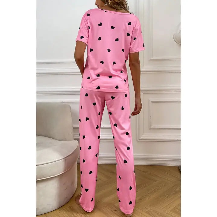 Valentines Heart Print Tee and Pants Lounge Set Pink