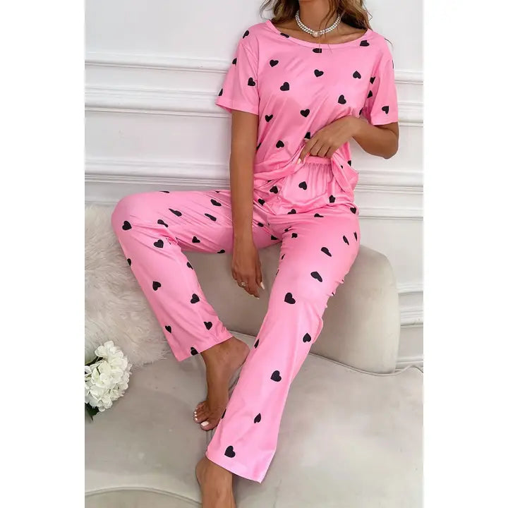 Valentines Heart Print Tee and Pants Lounge Set Pink