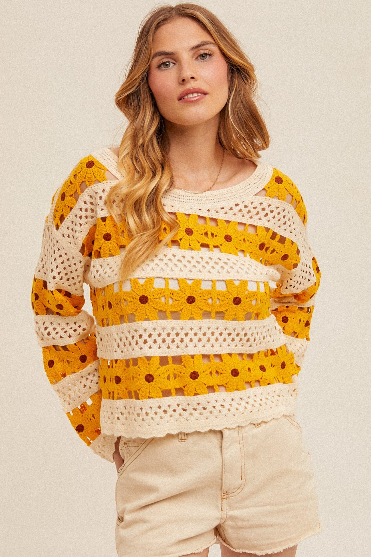 Hem & Thread Mustard DAISY CROCHET KNIT PULLOVER TOP 36196C