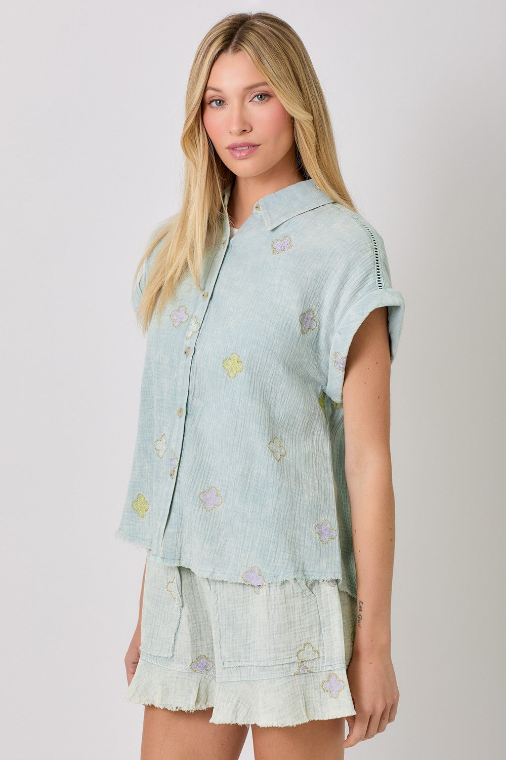 Mystree Washed Ice Blue Embroidery Top 60958