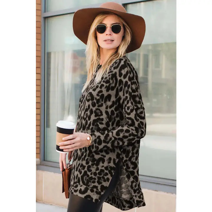 Leopard Mocha Print Long Sleeve Hi Low Side Slit Top Amaryllis Small & 1X