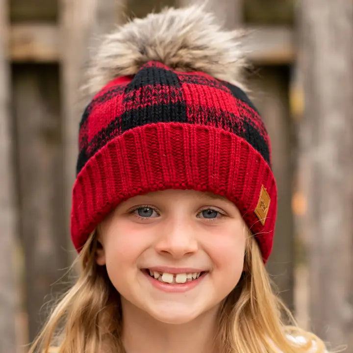 Kids Red Buffalo Plaid Pom Hat