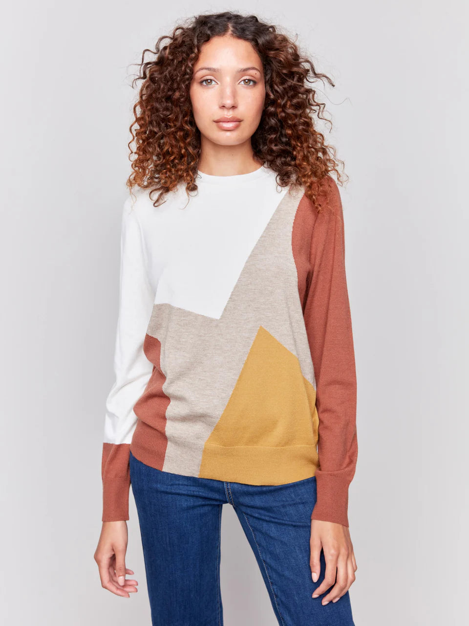 Charlie B Color Block Crew Neck Sweater - Ecru C2726 XL