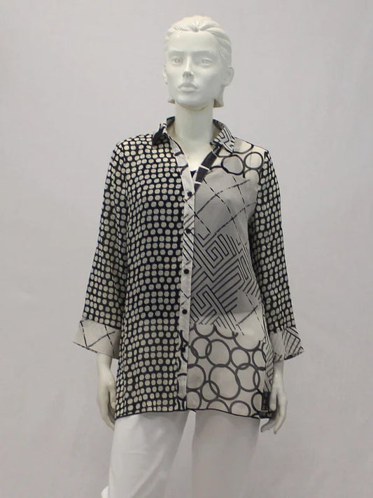 Violet Ruby Sheer Long Sleeve Black and White Polkadot Blouse 979-13-3161