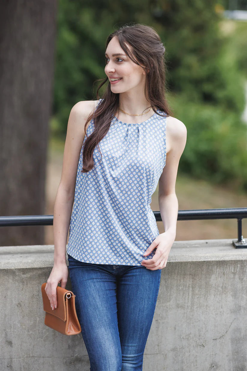 Papillon PT16074 BLUE Daisy Printed Pleated Sleeveless Top