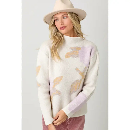 Mystree Floral Print Ivory Funnel Neck Sweater