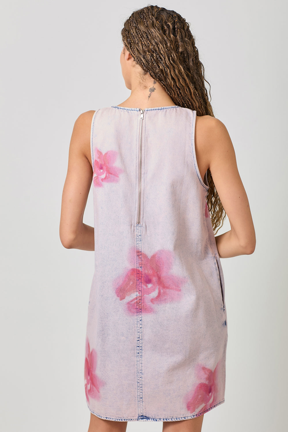 Mystree Rose Haze Floral Printed Denim Shift Dress with Pockets 60996