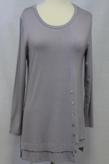 Violet Ruby Long Sleeve Steel Gray Tunic Button Embellished Front 911-1032