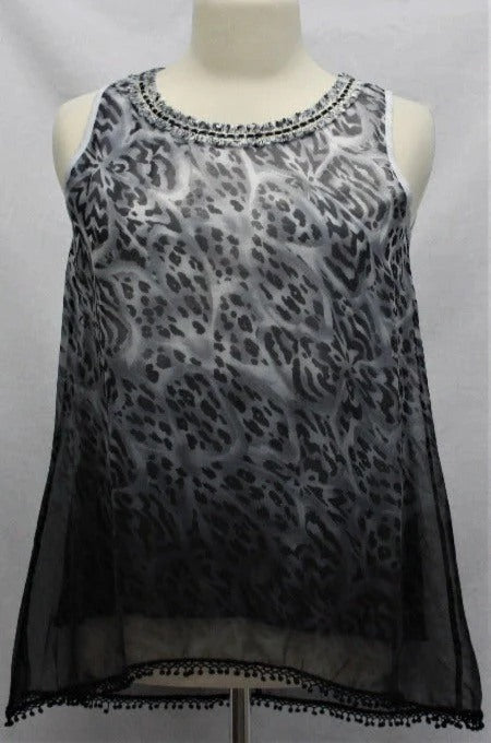 Violet Ruby Sleeveless Black Grey White Print with Gold Embellished Collar