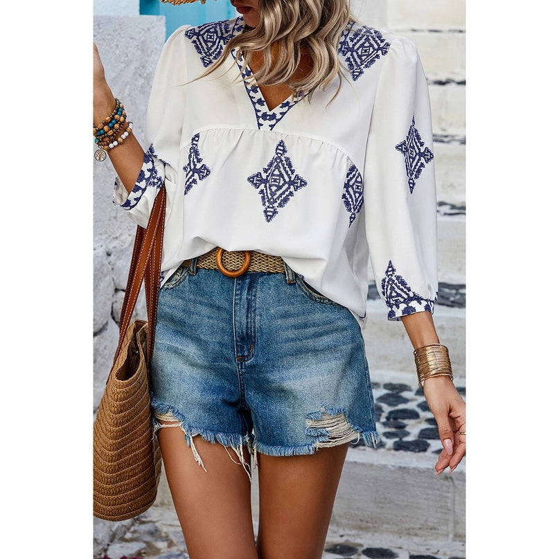 V Neck Printed Loose Fit Blouse White and Blue Vneck