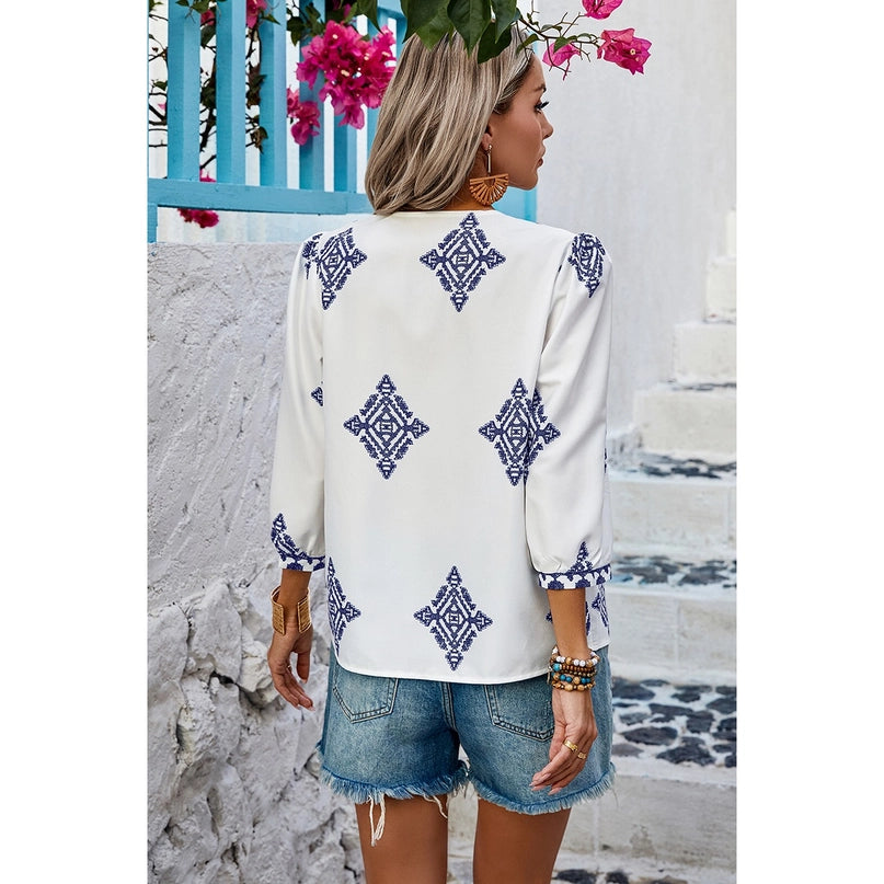 V Neck Printed Loose Fit Blouse White and Blue Vneck