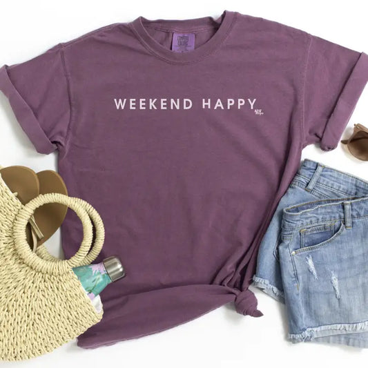 Weekend Happy Comfort Berry Color Graphic Tee