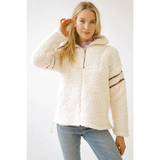 Mystree Zip-Up Ivory Faux Fur Pullover Multi-Color Trim