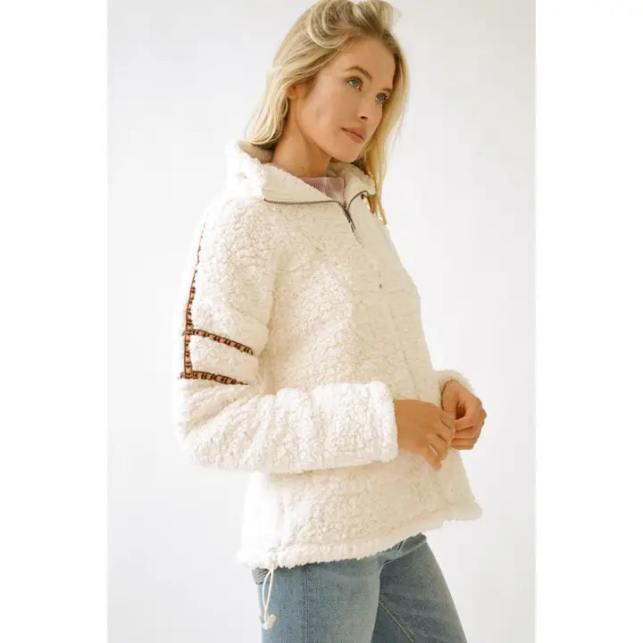 Mystree Zip-Up Ivory Faux Fur Pullover Multi-Color Trim